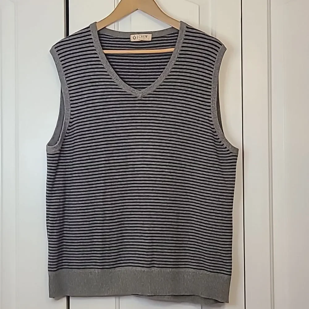 J. Crew men's striped V-neck sweater vest cotton cashmere blend Gray Navy Size L